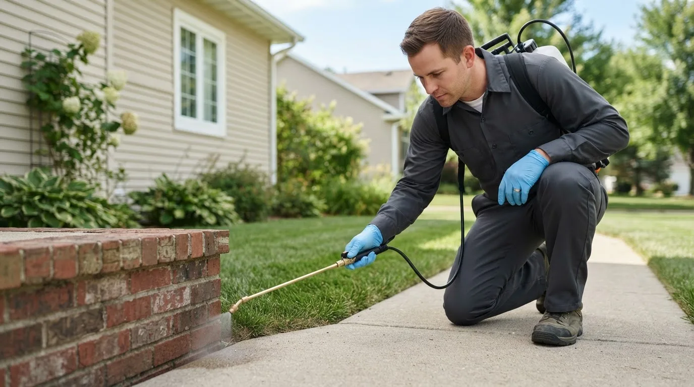Pest control technician treating a home near Marshall, OK