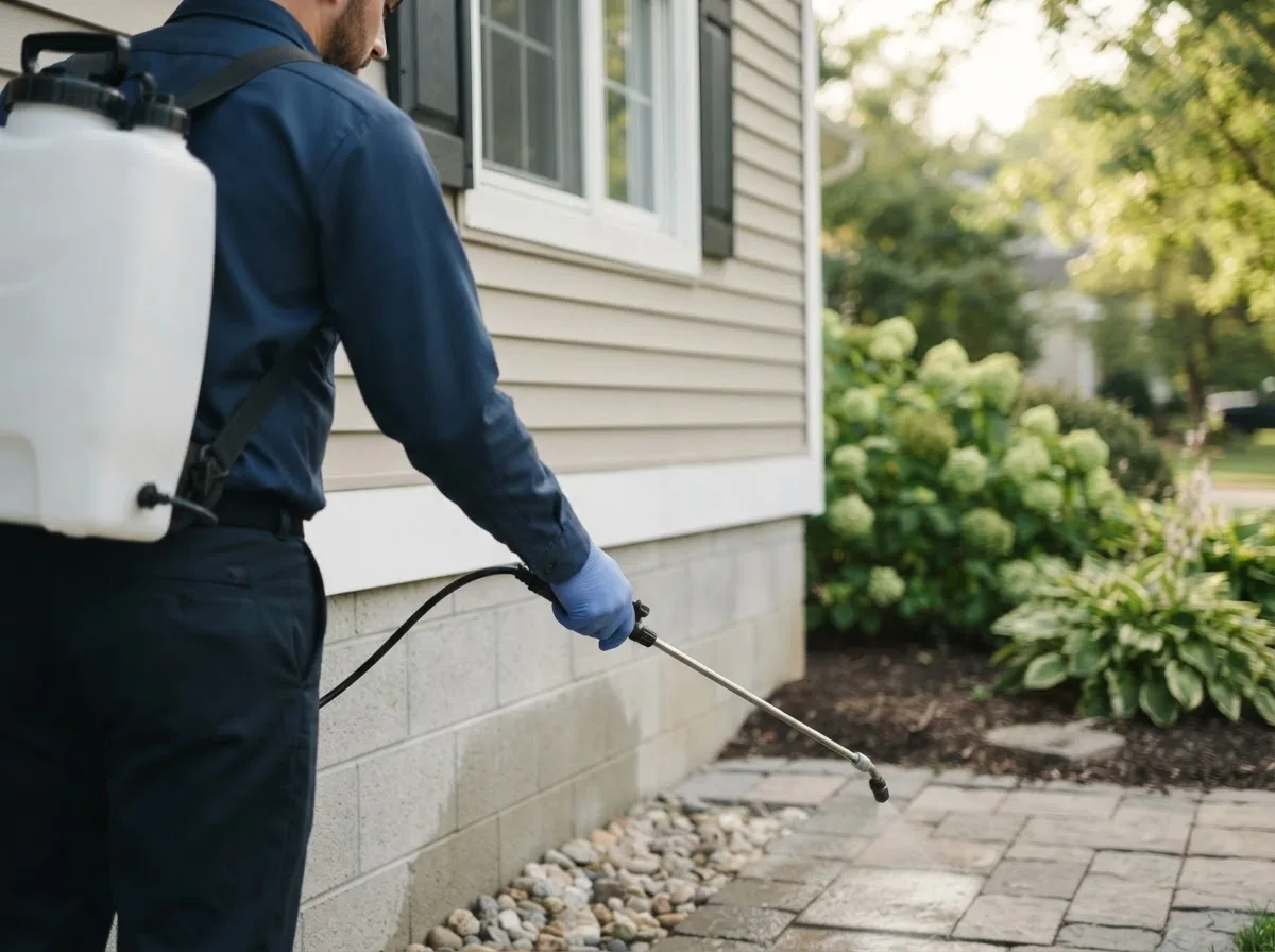 Pest control technician inspecting a home in Marshall, OK